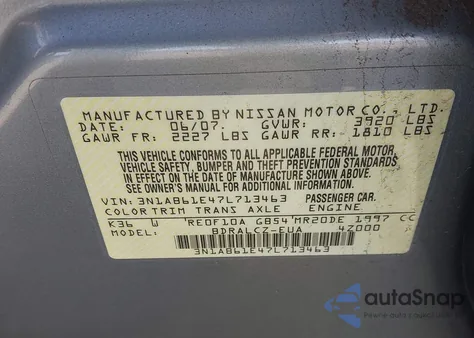 2007 Nissan Sentra 2.0 from USA, damaged, VIN 3N1AB61E47L713463